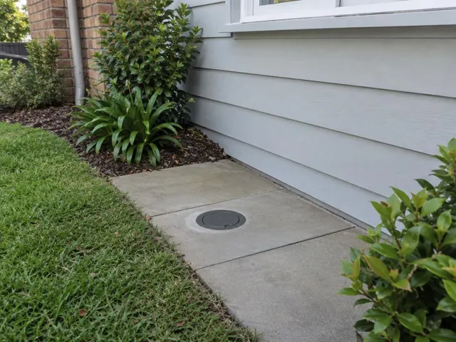 Concrete path beside weatherboard house with a capped inspection point and garden edging in Davidson