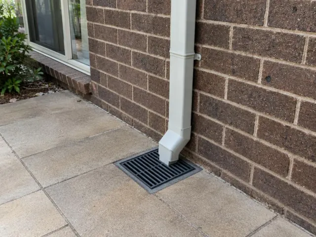 Rectangular stormwater grate beside a brick wall and downpipe on dry paving in Belrose
